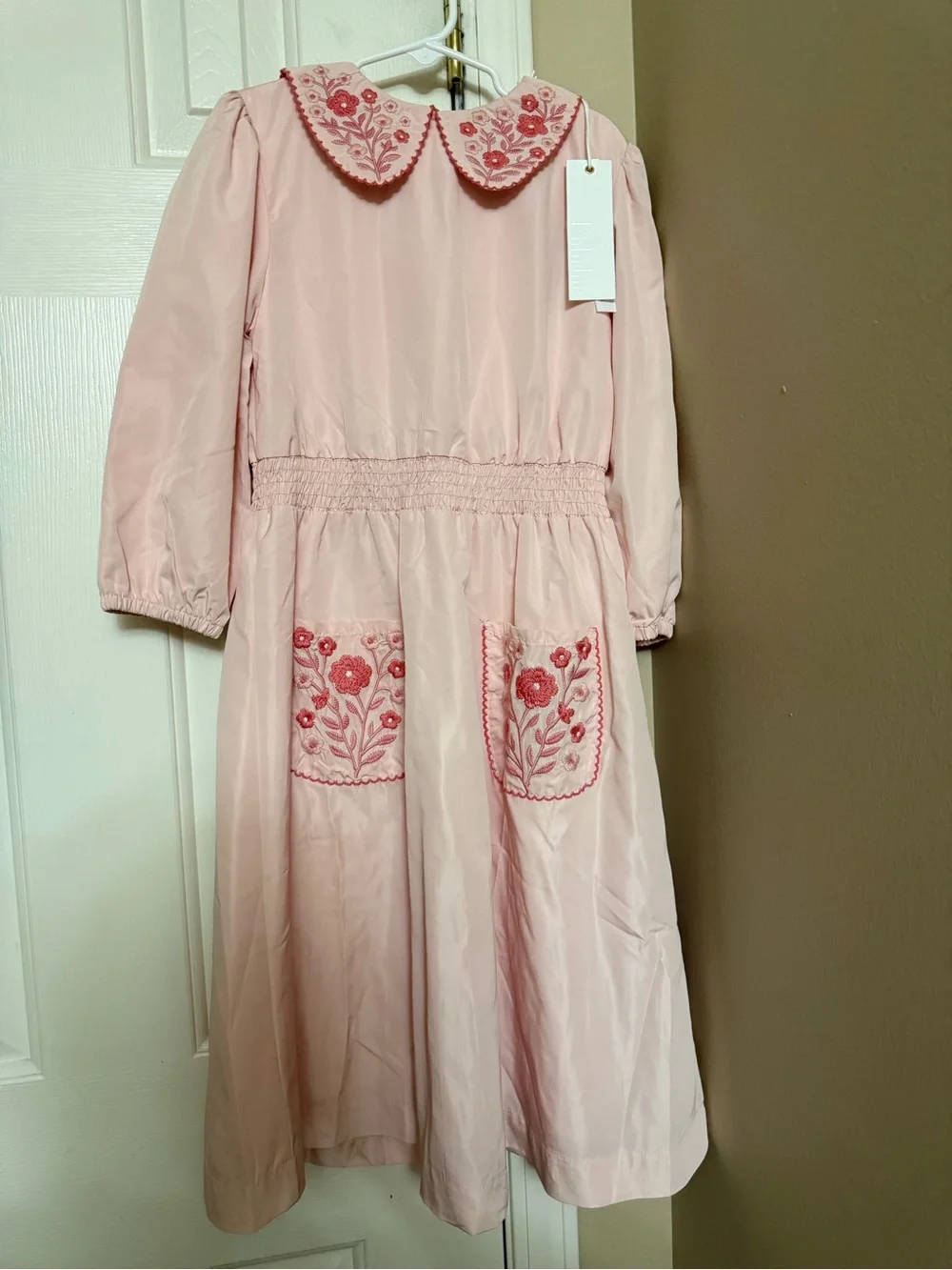 Pink Embroidered Pocket Kids Dress with Peter Pan Collar